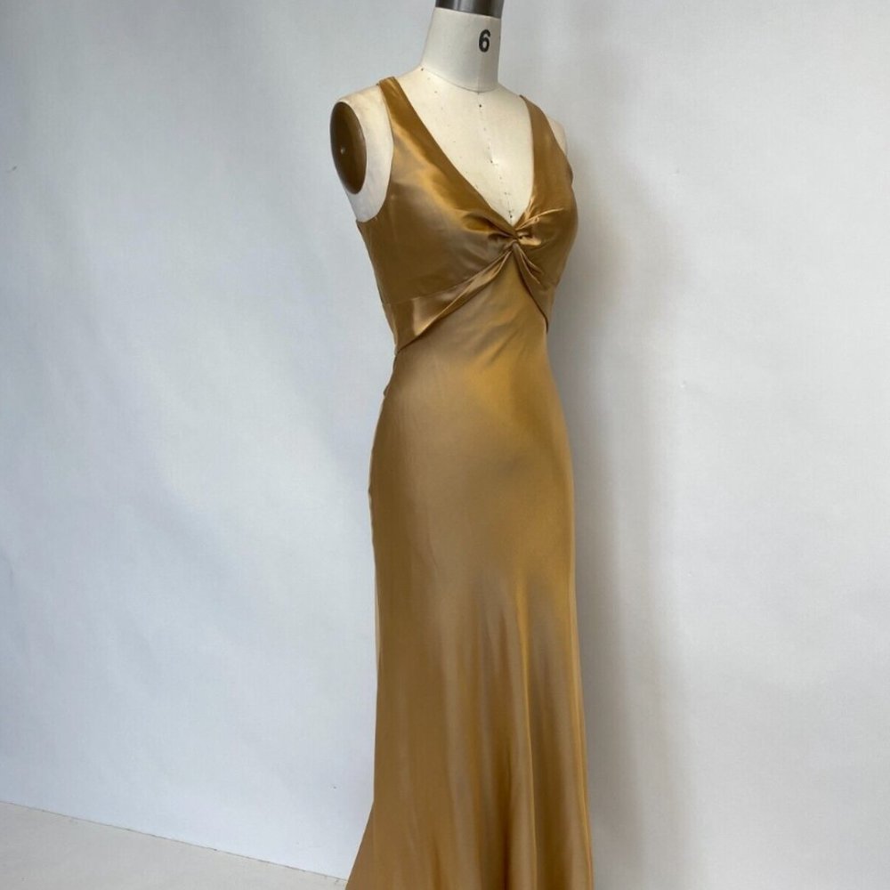 Gold Prom Dress Size 6 Long Silk Halter Gown Holiday Low Back Elegant Sexy Dress